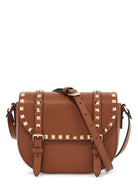 HG5S VALENTINO GARAVANI SMALL MESSENGER CROSSBODY BAG IN BROWN HAMMERED LEATHER WITH STUDS