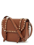 HG5S VALENTINO GARAVANI SMALL MESSENGER CROSSBODY BAG IN BROWN HAMMERED LEATHER WITH STUDS