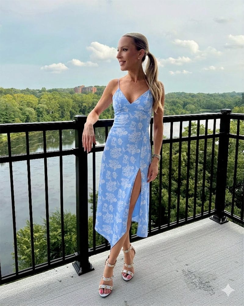 easter brunch outfit blue white floral dress