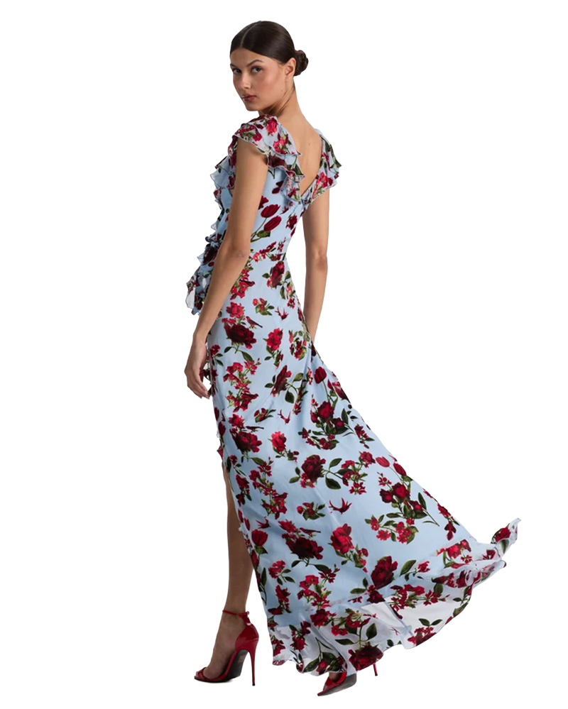summer wedding guest dress long floral blue alice olivia sale