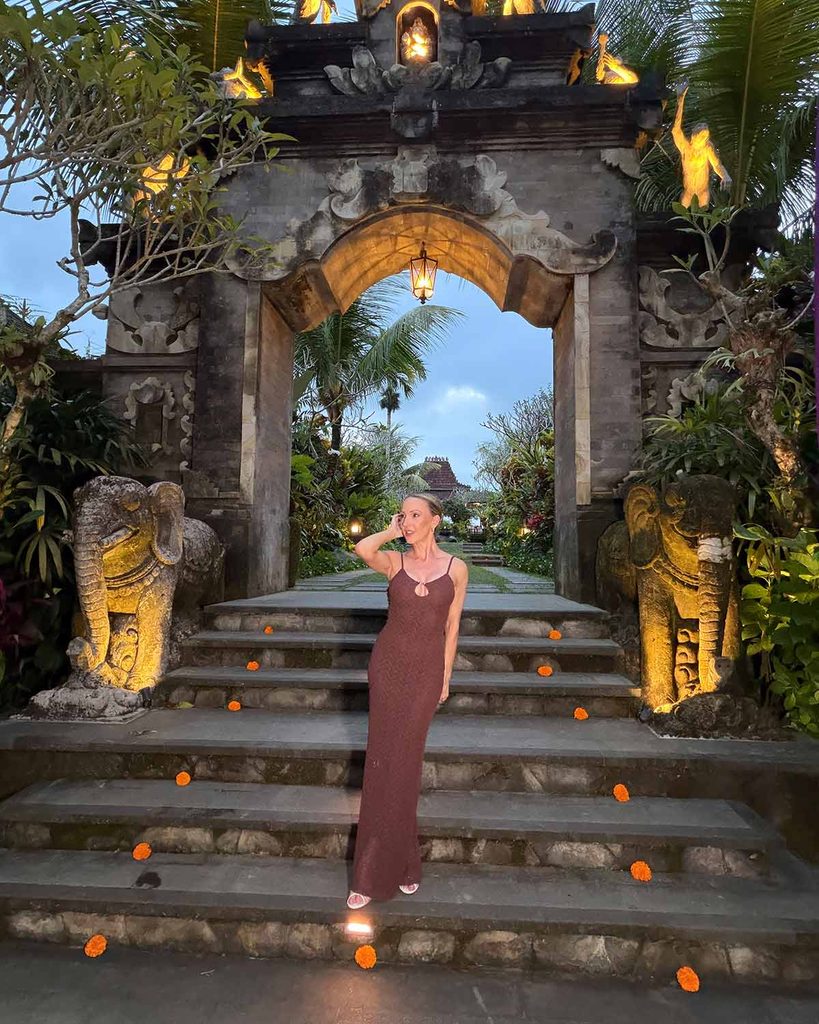 superdown brown maxi dress with spaghetti straps worn by Eve Dawes in Bali