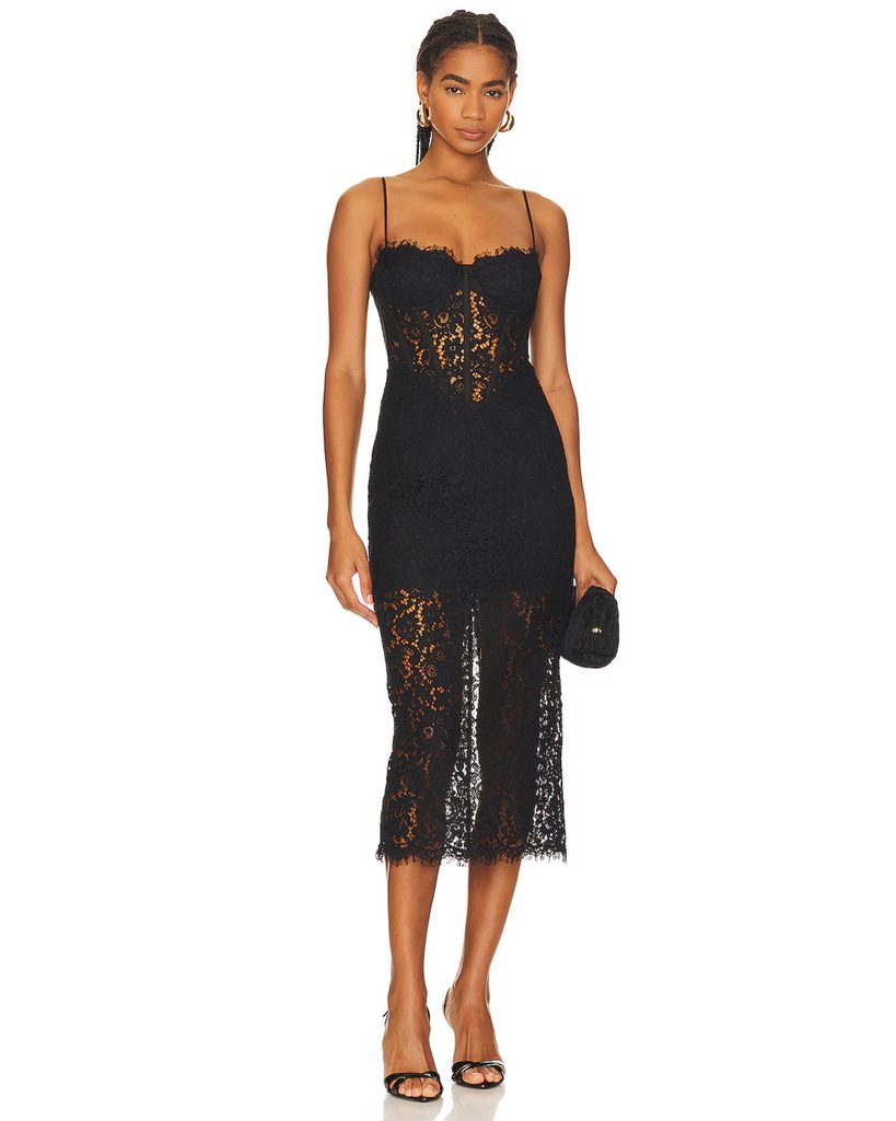 black corset dress midi with spaghetti straps