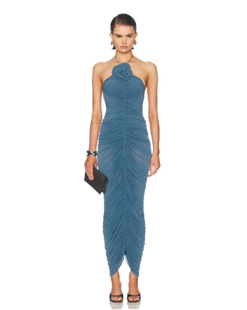 best fall wedding guest dress elegant blue halter long styled with heeled mules