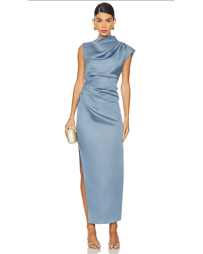 fall wedding guest black tie blue satin maxi dress gown styled with gold heels