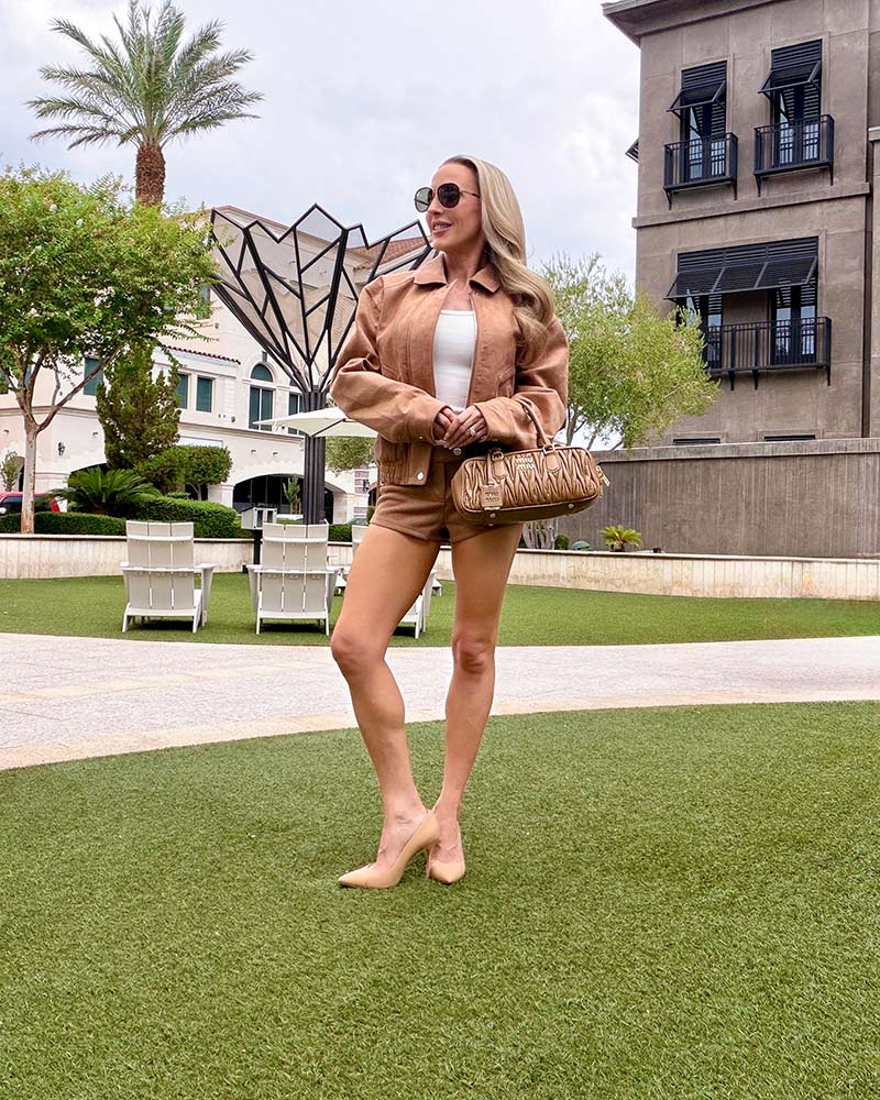 best brown suede jacket womens bomber worn by fashion editor Eve Dawes
