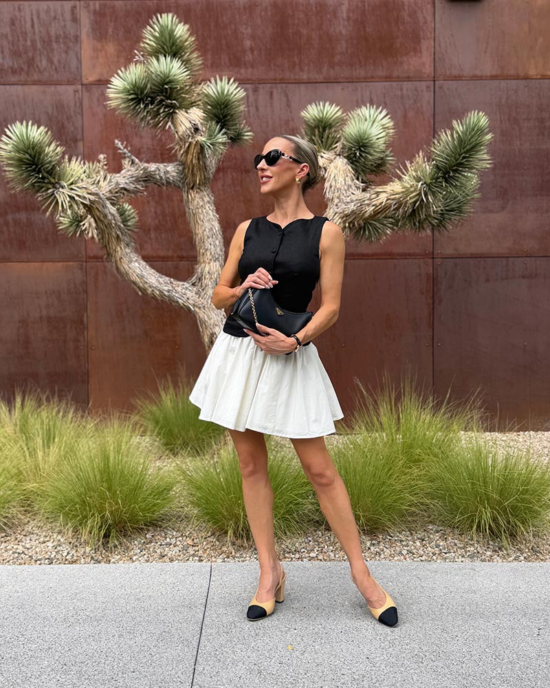 chanel slingback heels summer outfit black and white dress styled by Eve Dawes