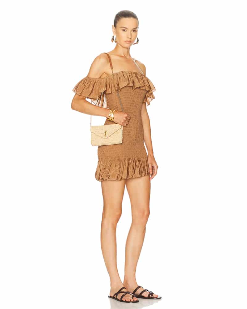 best raffia bag saint laurent small pouch on chain styled with brown mini dress