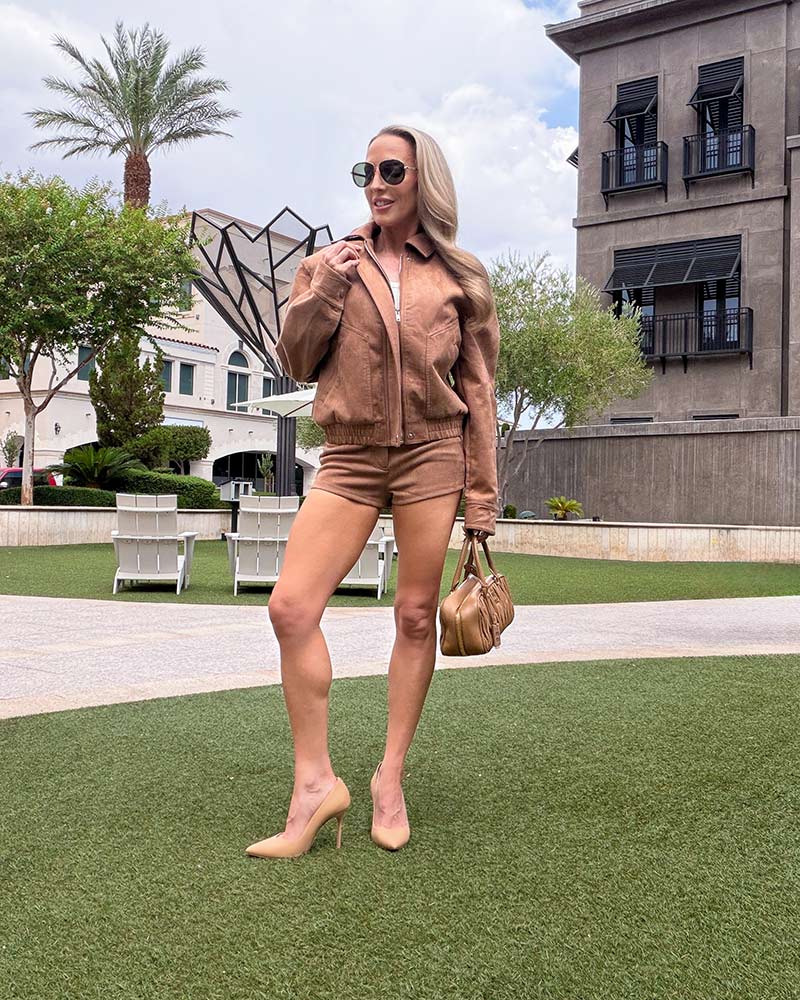 miu miu arcadie bag styled with brown suede outfit on Eve Dawes