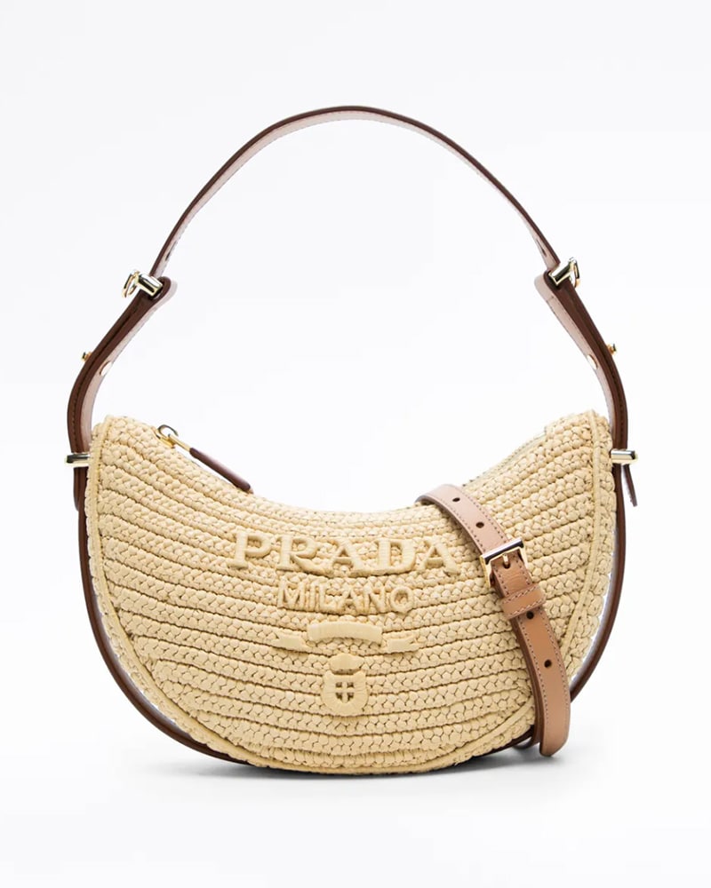 Prada raffia Arqué Small Shoulder Bag natural and brown leather