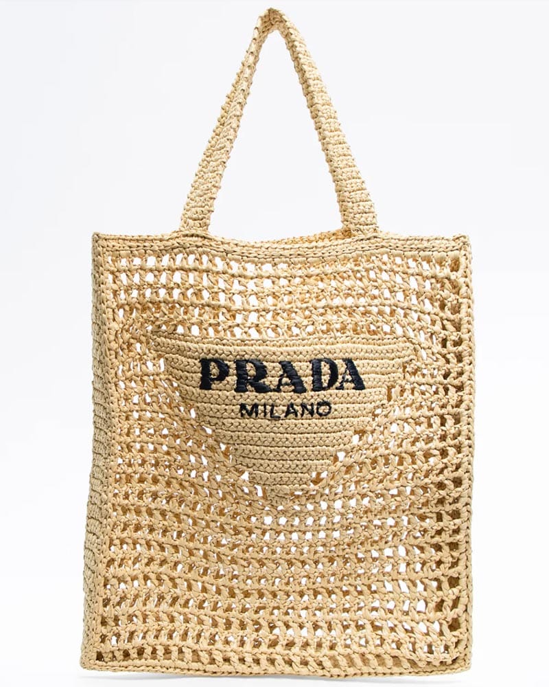 Prada raffia bag natural top handle tote