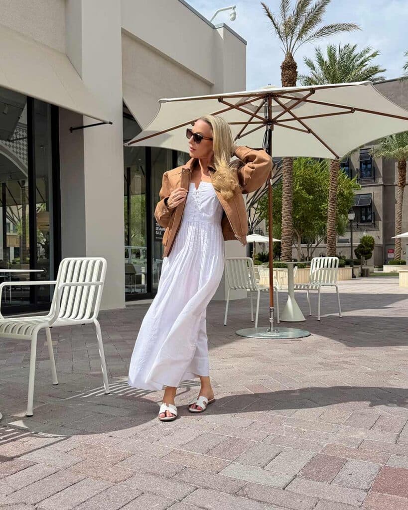 how to style a brown suede jacket with a summer dress