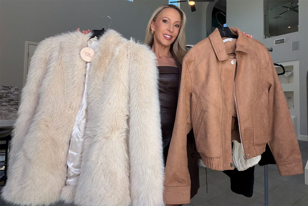 revolve white faux fur coat and brown suede jacket reviewed by fashion editor Eve Dawes