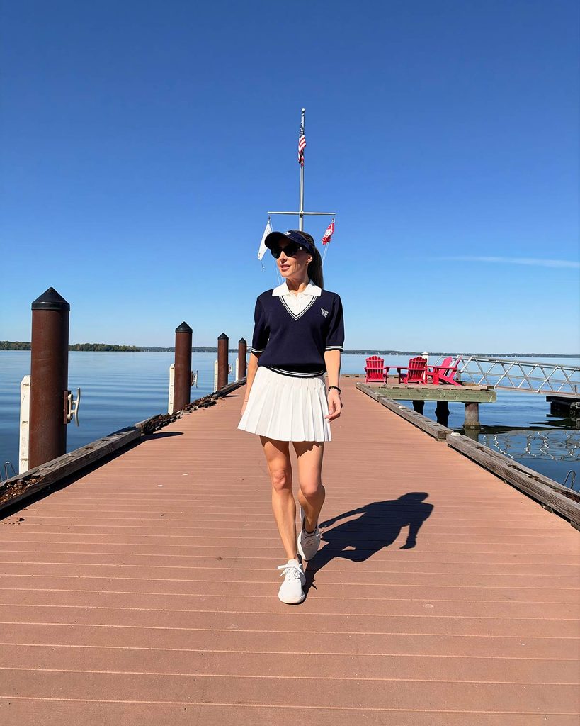 wiskii active matching set navy cap sleeve top and white pleated skirt