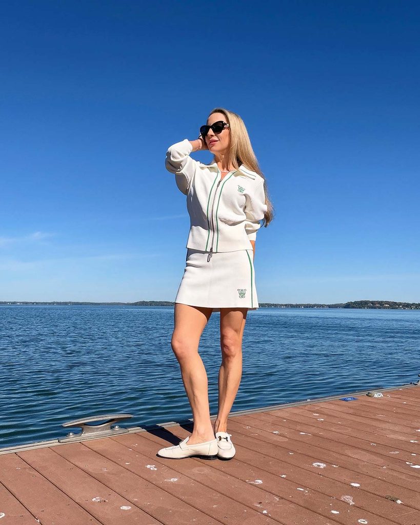 WISKII long sleeve zip polo and matching white skirt on sale